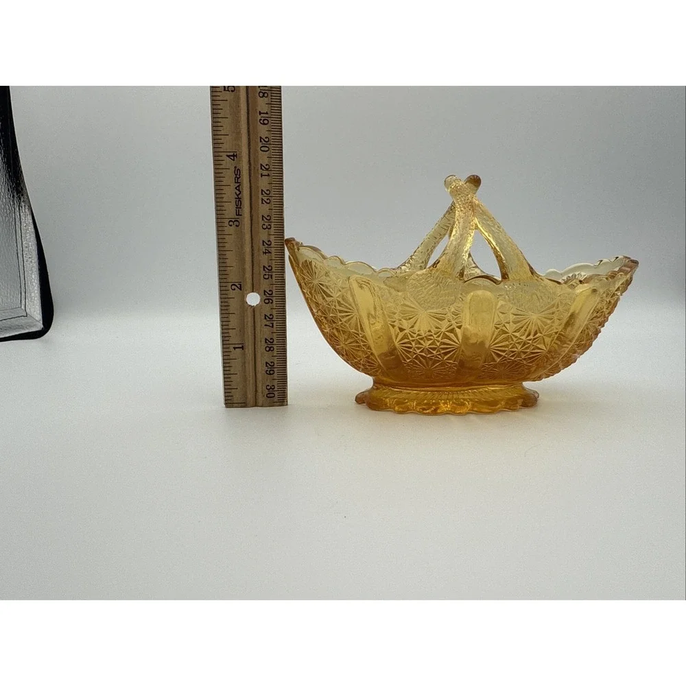 Vintage Fenton Honey Amber Daisy Button Glass Basket Dish with Split Twig Handle